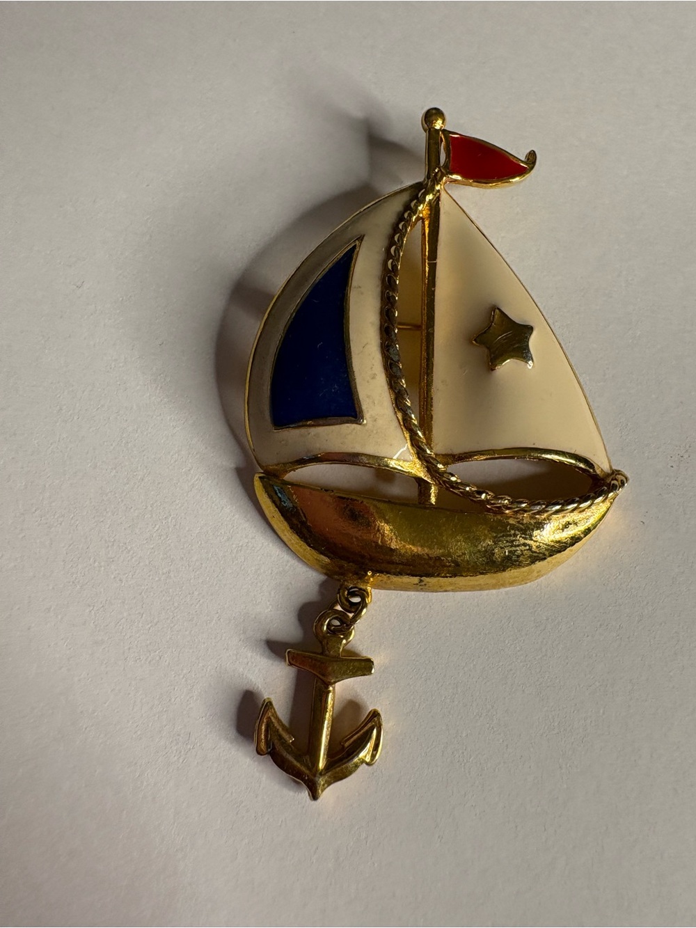 Avon Gold-tone Sailboat Pin with White, Blue & Red Enamel